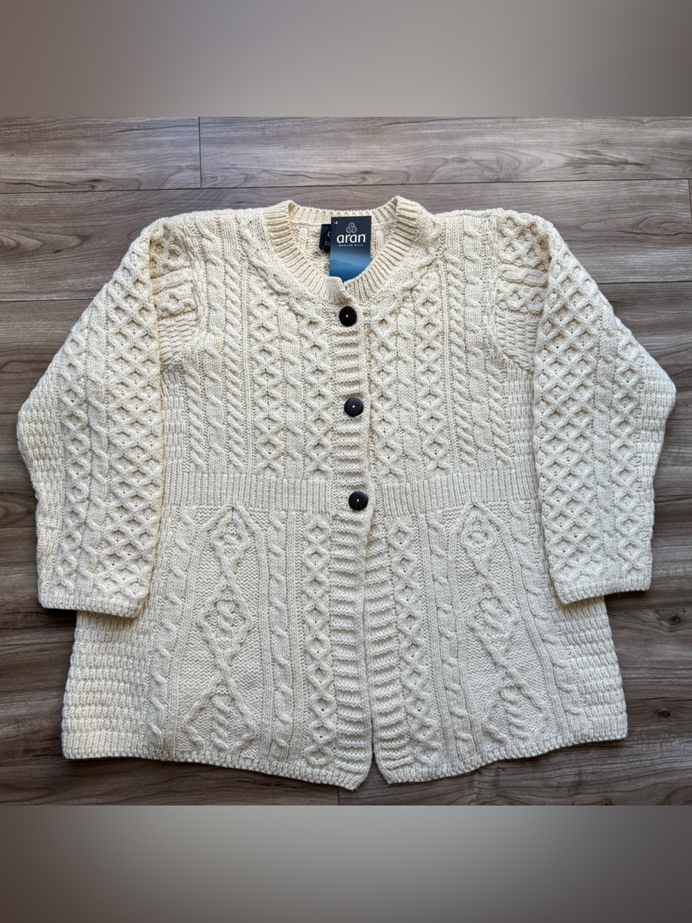 ARAN Women's Merino Wool A-Line Fit Cardigan Sweater Size XXL off-white Ireland - Picture 2 of 15